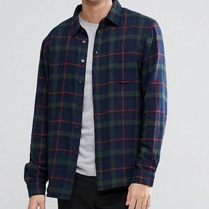 Men’s flannel. Green, Navy, Burnt Orange/Red Plaid.